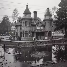a large house with some towers in the middle of the water