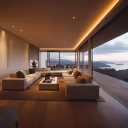 there is a living room with many large couches