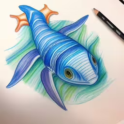 there is a drawing of a blue fish,a drawing of a blue and green fish with an orange star
