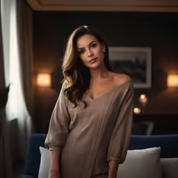 a woman posing on top of a bed next to a wall
