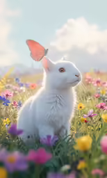 a white cat sitting in a field with flowers and a butterfly on its head