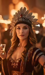 the woman in a medieval costume is holding a glass