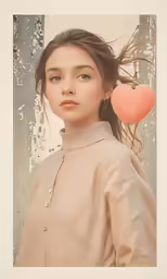 a woman posing with an apple next to her face