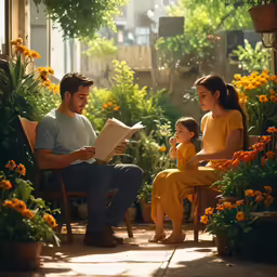the family is sitting in the porch chair outside reading a book