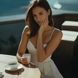 a woman sitting at a table with a cup