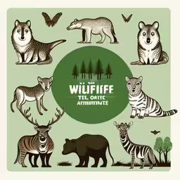 wild animals in a green frame on an oval,wild life signs with different species of animals,wild animals set with an ornate frame, design element,different animals with wildlife lettering around the center,wildlife illustrations for the game an illustration set