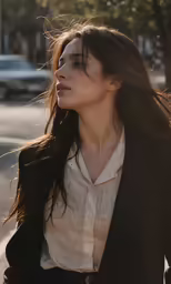a woman wearing a jacket walking down the street