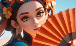 the character is holding an orange and blue fan