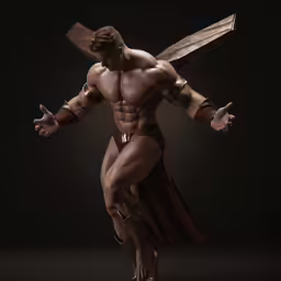 a man is posing with a sword and armor on his body
