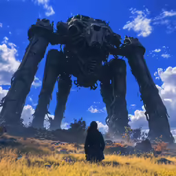 man staring out at an enormous mechanical horse with a blue sky background