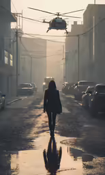 the woman is walking down the street while helicopter flies overhead