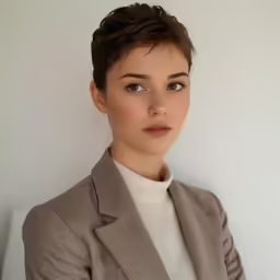 a woman in a brown jacket posing for a photo