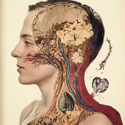 a painting depicting a human head with several pieces of his body visible