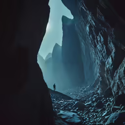 a person stands between two large rocks in a cave