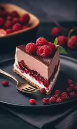 a slice of cake with berries on top sits on a plate