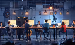 five people sit at a long table, working