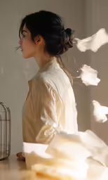an asian girl looks at some bird falling