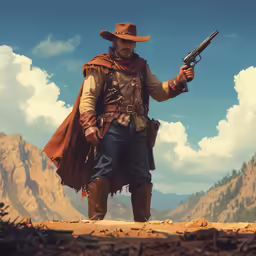a man in cowboy attire holding a gun in his hand