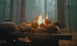 a campfire with logs and roasting pans on it