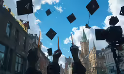 a group of people throwing graduation caps into the air