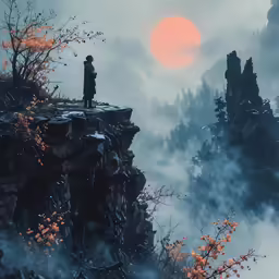 a man standing on a ledge looking over trees
