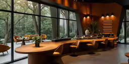 a large wooden table surrounded by chairs and tables with lots of windows