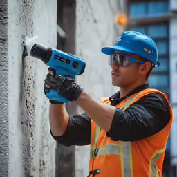 a person wearing an orange vest and safety glasses holding an electric drill