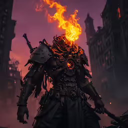 the character with fire on his face in a futuristic city