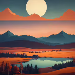 a sunset view with the mountains and the river,a painting of the sun over some mountains