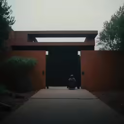 a person is sitting down in front of a building