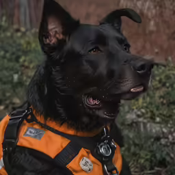a black dog wearing an orange outfit looking alert