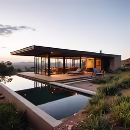 a modern home with an outdoor sitting area