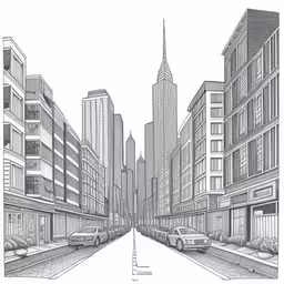 an image of city street sketch,a drawing of cars driving down the street in a city,a pencil drawing of the city street,a drawing of a city street in a drawing style,line art print of a city street in the us