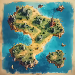 an illustration of a fantasy island with a few houses
