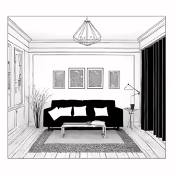 a drawing of a black and white living room