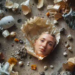 an overhead view of a young girl with a paper covering her face