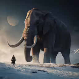 a man is walking next to a large elephant