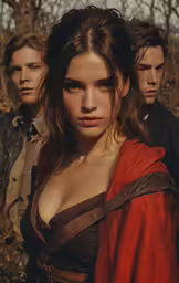 young people in ancient clothes standing in forest