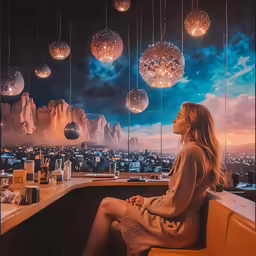 a woman sitting in a booth with lights hanging over her