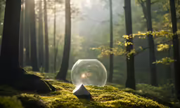 a crystal ball sits on top of a moss covered field in a forest