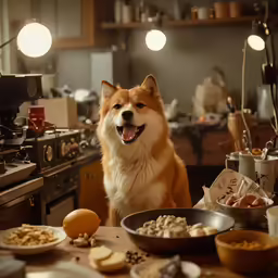 a corgi dog sits at the kitchen table with his food