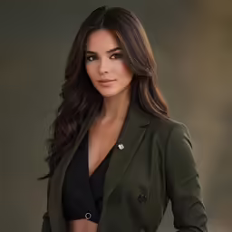 a woman is posing for the camera in a green jacket