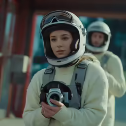 a woman in white sweater and black helmet holding camera