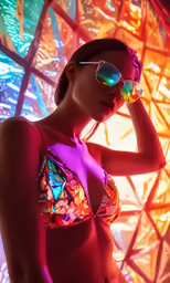 a woman with colorful hair and glasses in a bikini