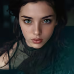 a woman with dark hair and large blue eyes is posing
