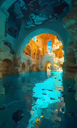 an outdoor swimming pool with the light from the ceiling reflecting off the water
