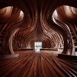 a wooden building has large curved wooden walls