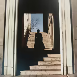 a man in the shadows at the bottom of some stairs