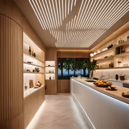 a clean kitchen has white lighting and shelves