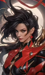 a woman in red and black outfit with long hair
